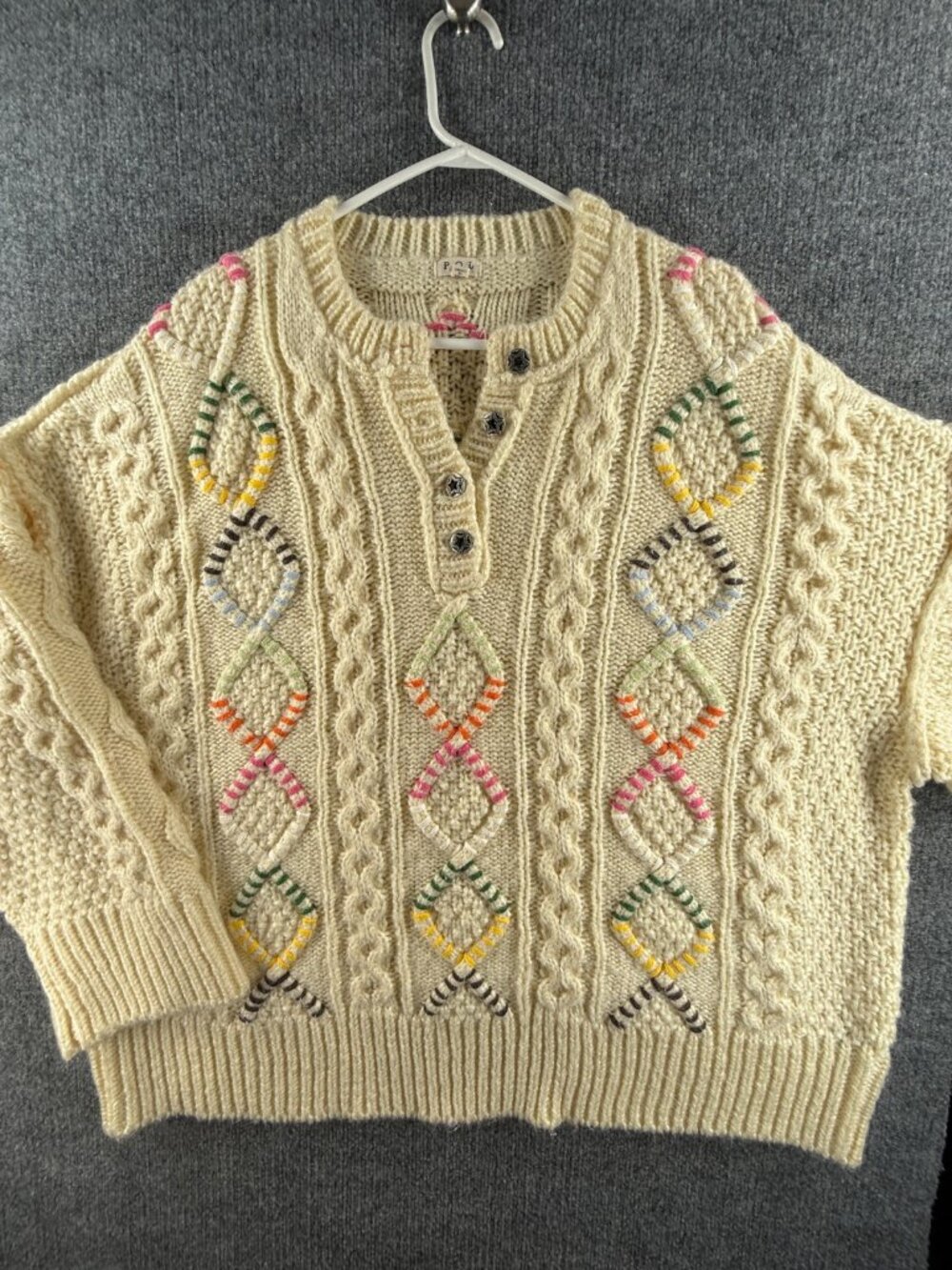 NWOT POL Large Fisherman Sweater Colorful Ivory 1/4 Button Chunky Knit Soft
